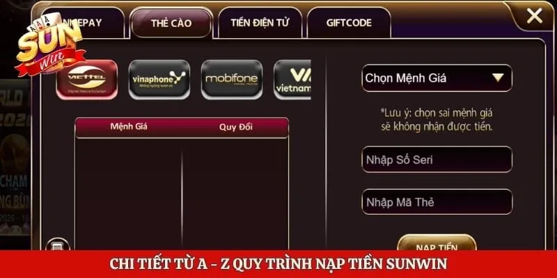 Chi tiết từ A - Z quy trình nạp tiền Sunwin